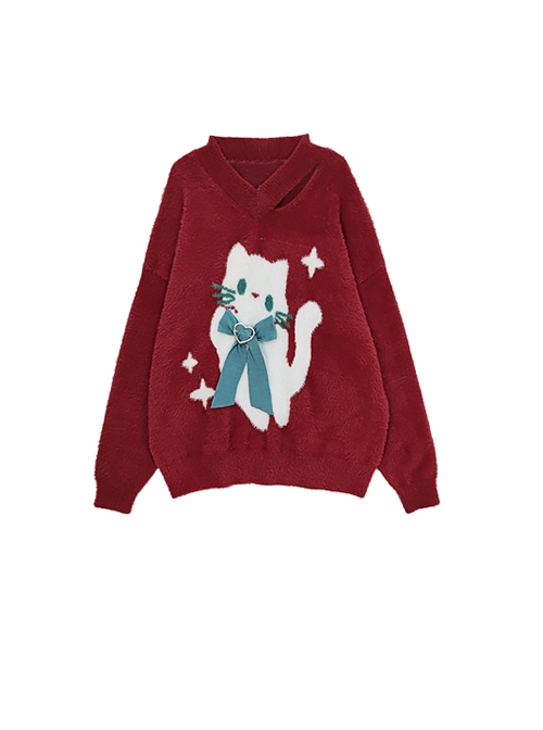 Cute Little White Series Subculture Christmas V Neck Bow Cat Pattern Kawaii Fashion Red Sweater