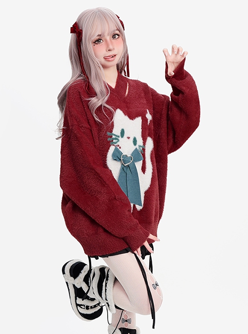 Cute Little White Series Subculture Christmas V Neck Bow Cat Pattern Kawaii Fashion Red Sweater