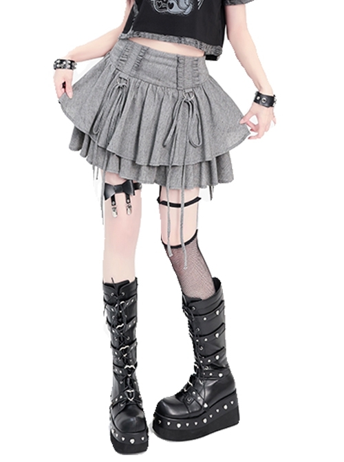 Dream Solo Dance Series Punk Style Sweet Cool Ruffled Bowknot Straps Girly Kawaii Fashion Gray Skirt