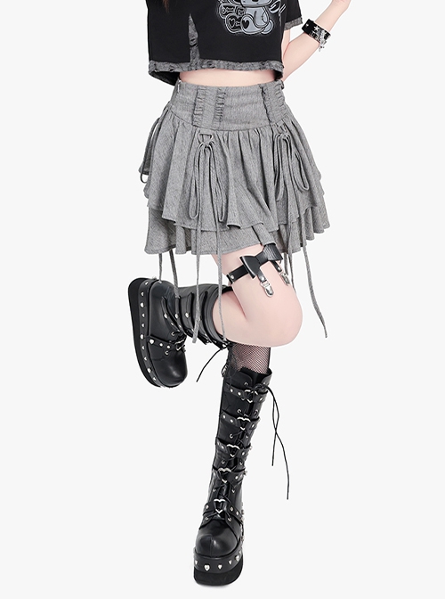 Dream Solo Dance Series Punk Style Sweet Cool Ruffled Bowknot Straps Girly Kawaii Fashion Gray Skirt