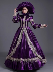 Retro Gorgeous Mercerized Satin Purple Palace Catwalk Dowager Lolita Prom Long Sleeve Long Dress