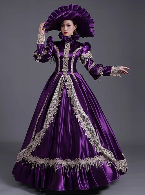 Retro Gorgeous Mercerized Satin Purple Palace Catwalk Dowager Lolita Prom Long Sleeve Long Dress