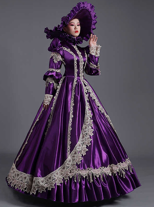 Retro Gorgeous Mercerized Satin Purple Palace Catwalk Dowager Lolita Prom Long Sleeve Long Dress