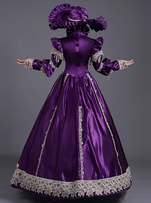 Retro Gorgeous Mercerized Satin Purple Palace Catwalk Dowager Lolita Prom Long Sleeve Long Dress