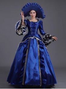 Noble Lady Retro Gorgeous Square Collar Mercerized Satin Catwalk Lolita Prom Ruffles Lace Sleeve Long Dress