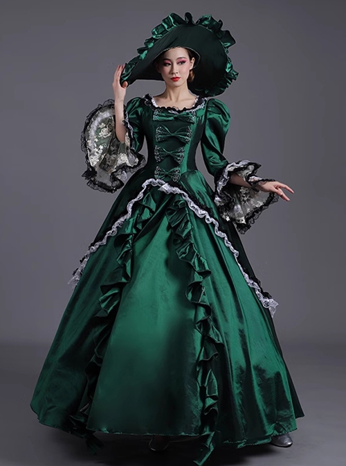 Noble Lady Retro Gorgeous Square Collar Mercerized Satin Catwalk Lolita Prom Ruffles Lace Sleeve Long Dress