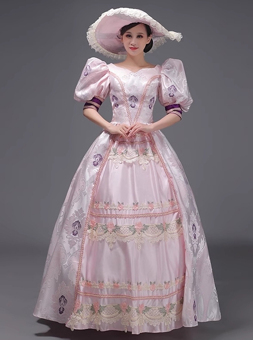 Sweet Princess Retro Gorgeous Lace Rose Mercerized Satin Catwalk Lolita Prom Puff Sleeve Long Dress