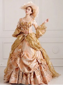 Palace Style Empress Nobility Golden Gorgeous Lace Ruffles Embroidery Bowknot Satin Lolita Prom Long Dress