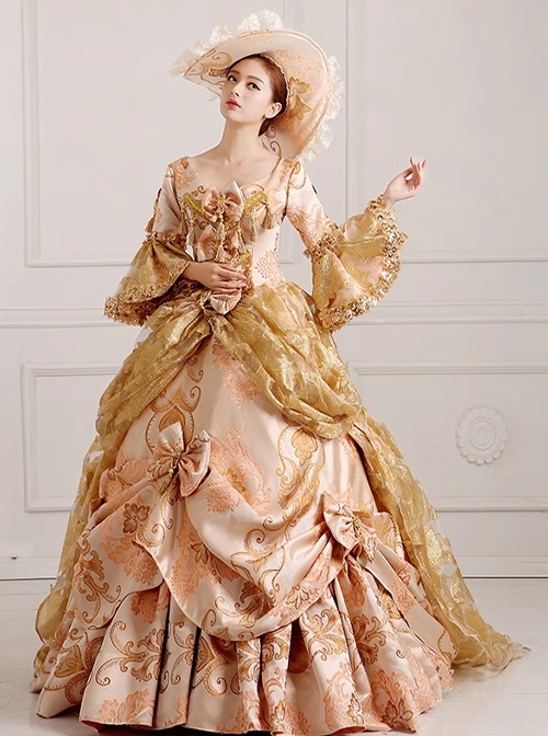 Palace Style Empress Nobility Golden Gorgeous Lace Ruffles Embroidery Bowknot Satin Lolita Prom Long Dress