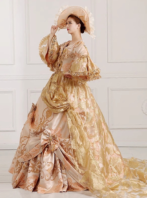 Palace Style Empress Nobility Golden Gorgeous Lace Ruffles Embroidery Bowknot Satin Lolita Prom Long Dress