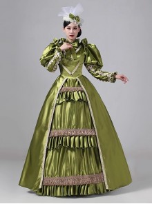 European Victoria Palace Style Gorgeous Lace Ruffles Silk Satin Lolita Prom Puff Sleeves Long Dress