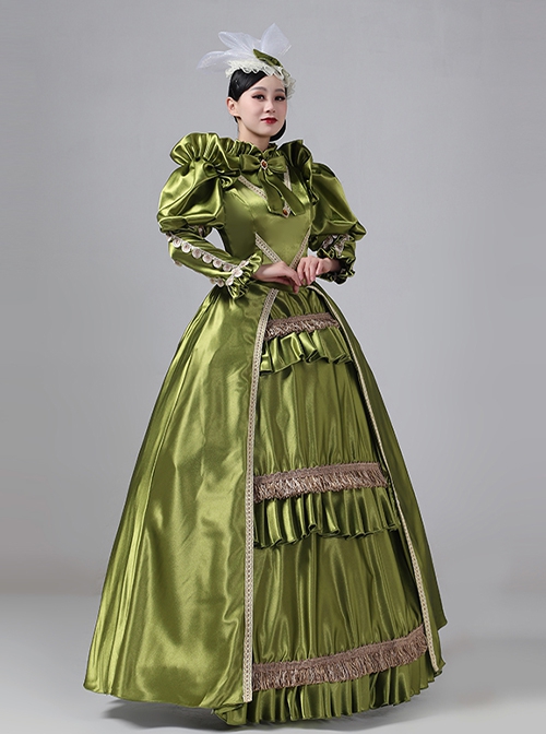 European Victoria Palace Style Gorgeous Lace Ruffles Silk Satin Lolita Prom Puff Sleeves Long Dress