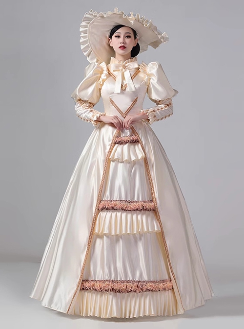 European Victoria Palace Style Gorgeous Lace Ruffles Silk Satin Lolita Prom Puff Sleeves Long Dress