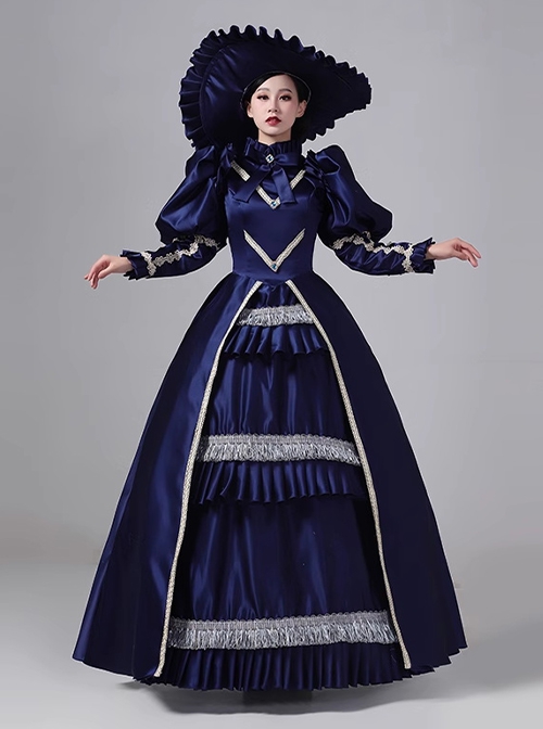 European Victoria Palace Style Gorgeous Lace Ruffles Silk Satin Lolita Prom Puff Sleeves Long Dress