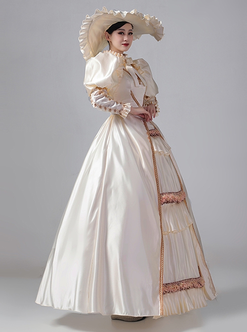 European Victoria Palace Style Gorgeous Lace Ruffles Silk Satin Lolita Prom Puff Sleeves Long Dress