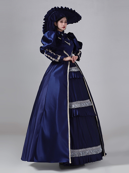 European Victoria Palace Style Gorgeous Lace Ruffles Silk Satin Lolita Prom Puff Sleeves Long Dress