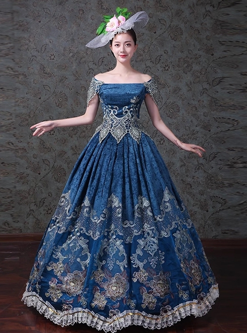 European Courts Style Elegant Lace Embroidery Lolita Prom High Waist Off Shoulder Long Dress