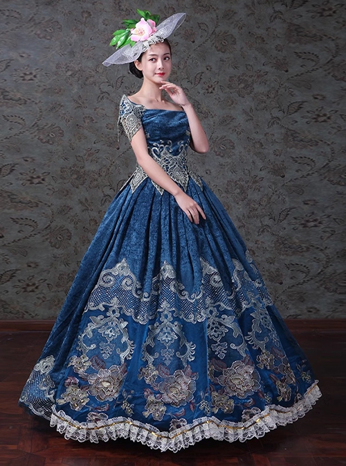 European Courts Style Elegant Lace Embroidery Lolita Prom High Waist Off Shoulder Long Dress