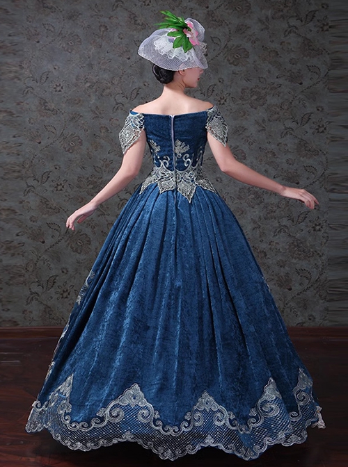 European Courts Style Elegant Lace Embroidery Lolita Prom High Waist Off Shoulder Long Dress