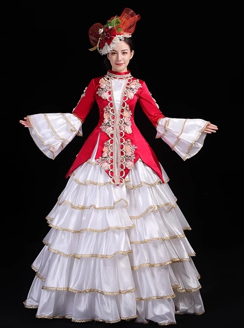 European Medieval Folk Style Elegant Gorgeous Lolita Prom High Waist Long Ruffles Dress