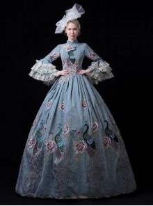 Medieval Europe Noble Lake Blue Elegant Peacock Print Gorgeous Lolita Prom High Waist Long Dress