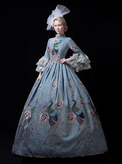 Medieval Europe Noble Lake Blue Elegant Peacock Print Gorgeous Lolita Prom High Waist Long Dress