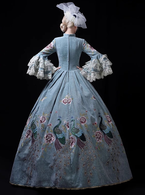 Medieval Europe Noble Lake Blue Elegant Peacock Print Gorgeous Lolita Prom High Waist Long Dress