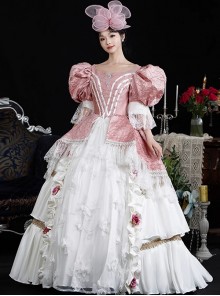 Gorgeous Elegant Europe Pink Lolita Prom Costumes Lace Large Puff Sleeve Pleated Cake Ruffles Dress