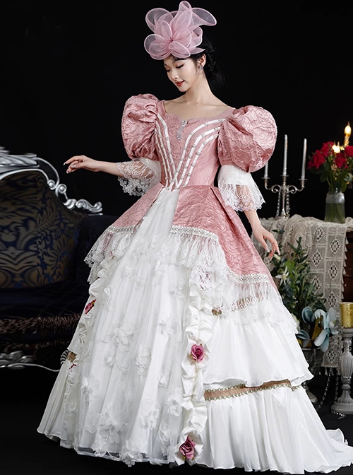 Gorgeous Elegant Europe Pink Lolita Prom Costumes Lace Large Puff Sleeve Pleated Cake Ruffles Dress