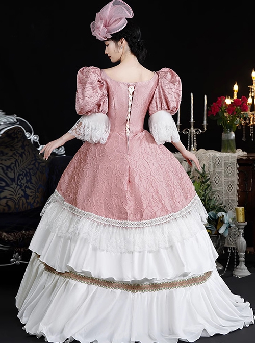 Gorgeous Elegant Europe Pink Lolita Prom Costumes Lace Large Puff Sleeve Pleated Cake Ruffles Dress