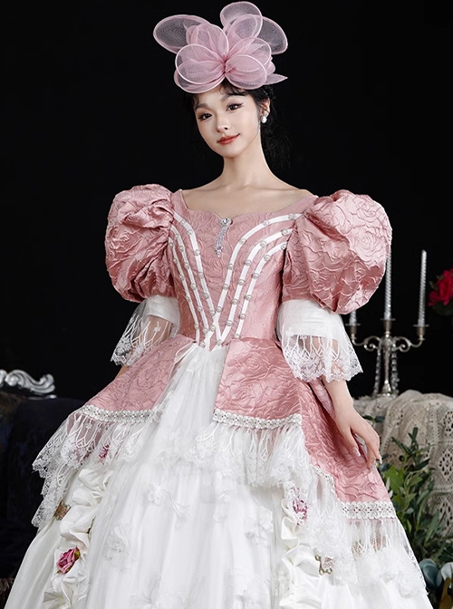 Gorgeous Elegant Europe Pink Lolita Prom Costumes Lace Large Puff Sleeve Pleated Cake Ruffles Dress