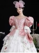 Gorgeous Elegant Europe Pink Lolita Prom Costumes Lace Large Puff Sleeve Pleated Cake Ruffles Dress