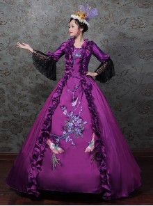 Gorgeous Dark Purple Flower Bird Embroidery Europe Nobility Lolita Prom Costumes Square Neckline Dress