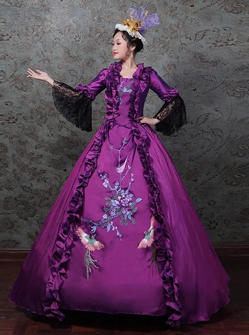 Gorgeous Dark Purple Flower Bird Embroidery Europe Nobility Lolita Prom Costumes Square Neckline Dress