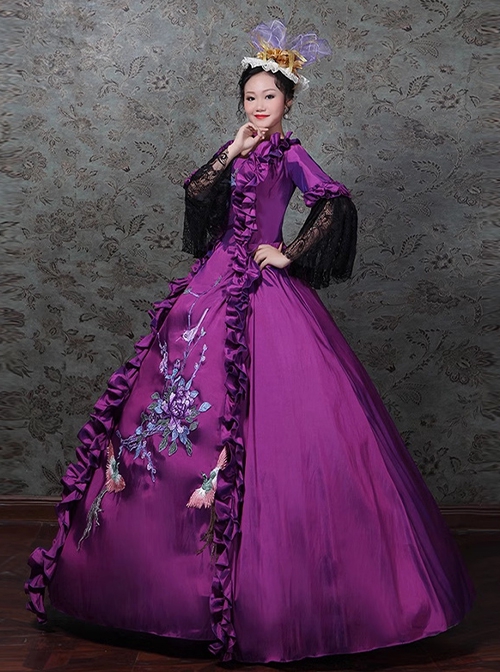 Gorgeous Dark Purple Flower Bird Embroidery Europe Nobility Lolita Prom Costumes Square Neckline Dress