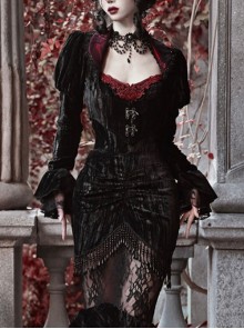 Duchess Series Palace Style Rococo Sexyblack Velvet Gothic Punk Puff Sleeves Cobweb Lace Coat