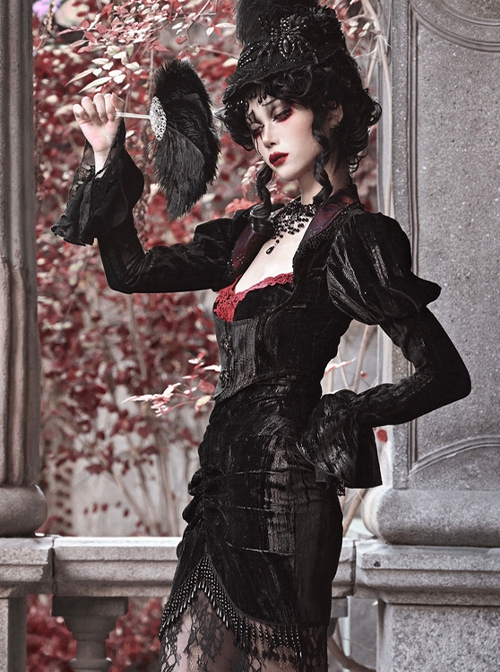 Duchess Series Palace Style Rococo Sexyblack Velvet Gothic Punk Puff Sleeves Cobweb Lace Coat