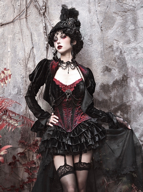 Duchess Series Palace Style Rococo Sexyblack Velvet Gothic Punk Puff Sleeves Cobweb Lace Coat