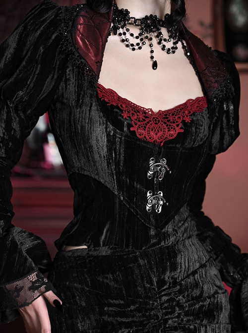 Duchess Series Palace Style Rococo Sexyblack Velvet Gothic Punk Puff Sleeves Cobweb Lace Coat