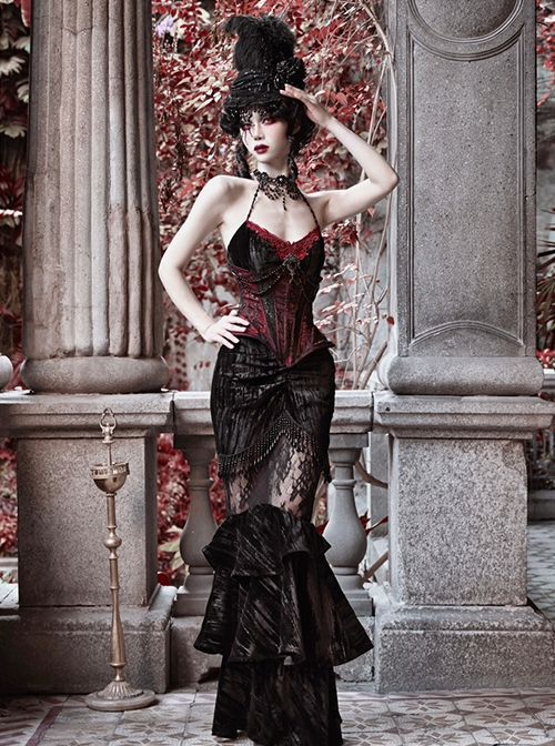 Duchess Series Palace Style Christmas Rococo Sexy Translucent Lace Gothic Punk Black Velvet Fishtail Skirt