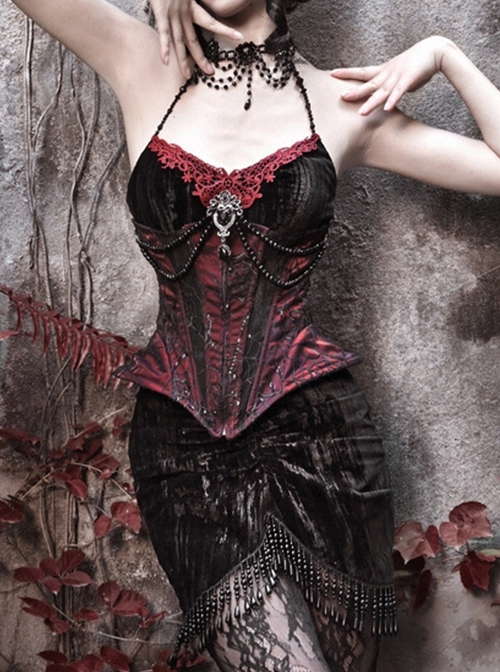 Duchess Series Palace Style Sexy Beads Gothic Punk Black Cobweb Lace Velvet Sequins Fishbone Girdle