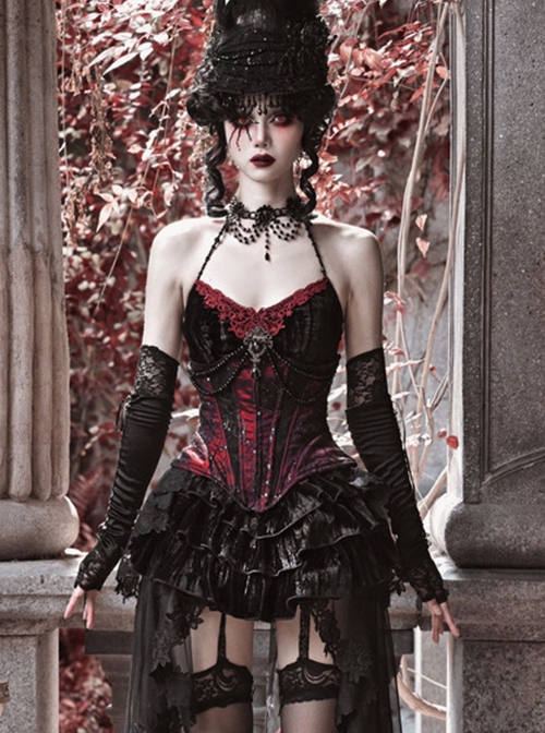 Duchess Series Palace Style Sexy Beads Gothic Punk Black Cobweb Lace Velvet Sequins Fishbone Girdle