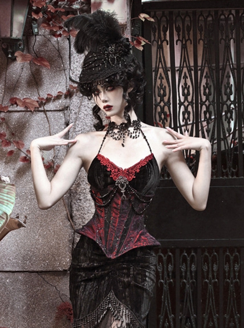 Duchess Series Palace Style Sexy Beads Gothic Punk Black Cobweb Lace Velvet Sequins Fishbone Girdle