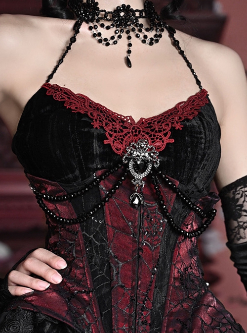 Duchess Series Palace Style Sexy Beads Gothic Punk Black Cobweb Lace Velvet Sequins Fishbone Girdle