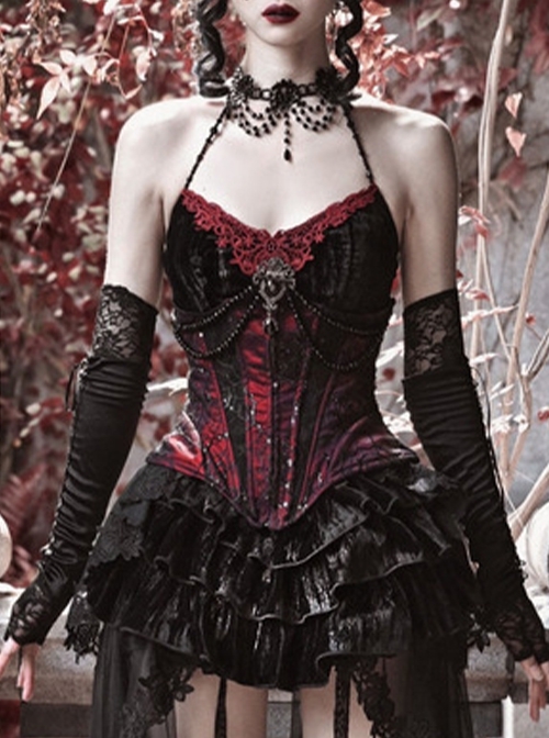 Duchess Series Palace Style Sexy Halloween Beads Gothic Punk Lace Black Velvet V Neck Suspender Top