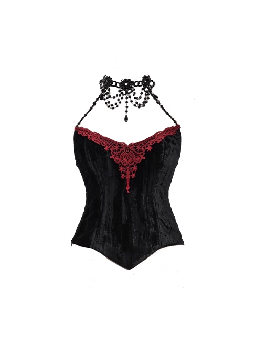 Duchess Series Palace Style Sexy Halloween Beads Gothic Punk Lace Black Velvet V Neck Suspender Top