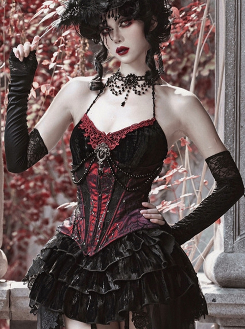 Duchess Series Palace Style Sexy Halloween Beads Gothic Punk Lace Black Velvet V Neck Suspender Top