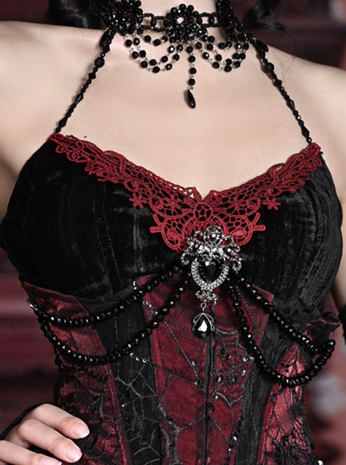 Duchess Series Palace Style Sexy Halloween Beads Gothic Punk Lace Black Velvet V Neck Suspender Top