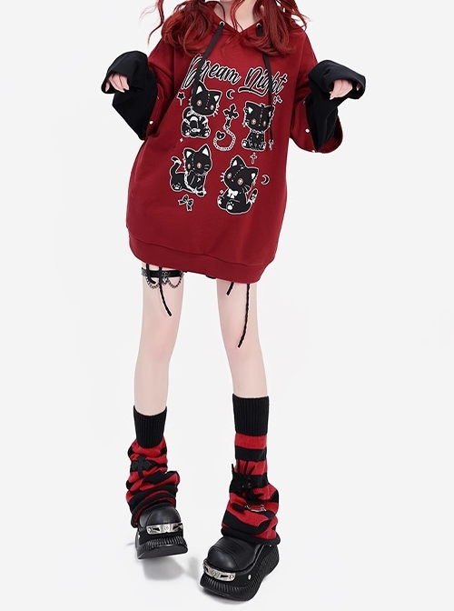 Dream Party Series Punk Style Cool Rivet Y2K Cat Pattern Kawaii Fashion Red Fake Two Piece Hooded Sweatshirt