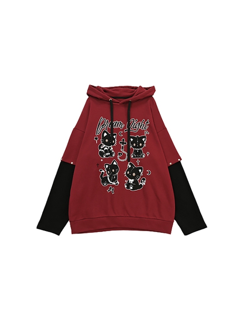 Dream Party Series Punk Style Cool Rivet Y2K Cat Pattern Kawaii Fashion Red Fake Two Piece Hooded Sweatshirt